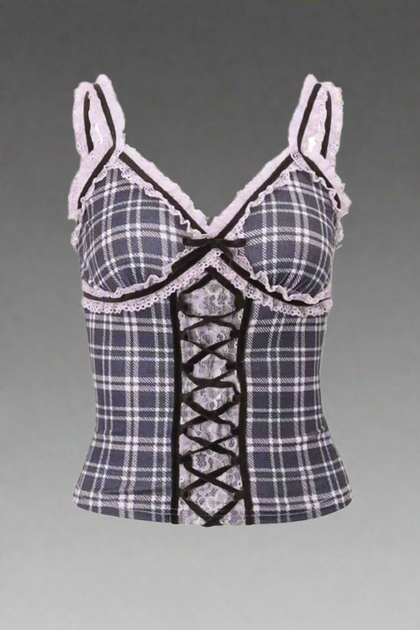 Spitzen-Karo-Traum: Einzigartiges Patchwork-Top für stilvolle Auftritte. Dein neuer Lieblings-Look!